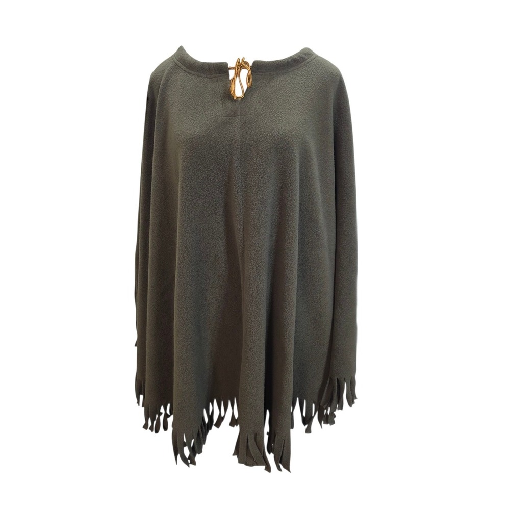 Lauren Brooke Womens Fleece Poncho Cape Olive Green Fringe OSFA Boho Cottagecore